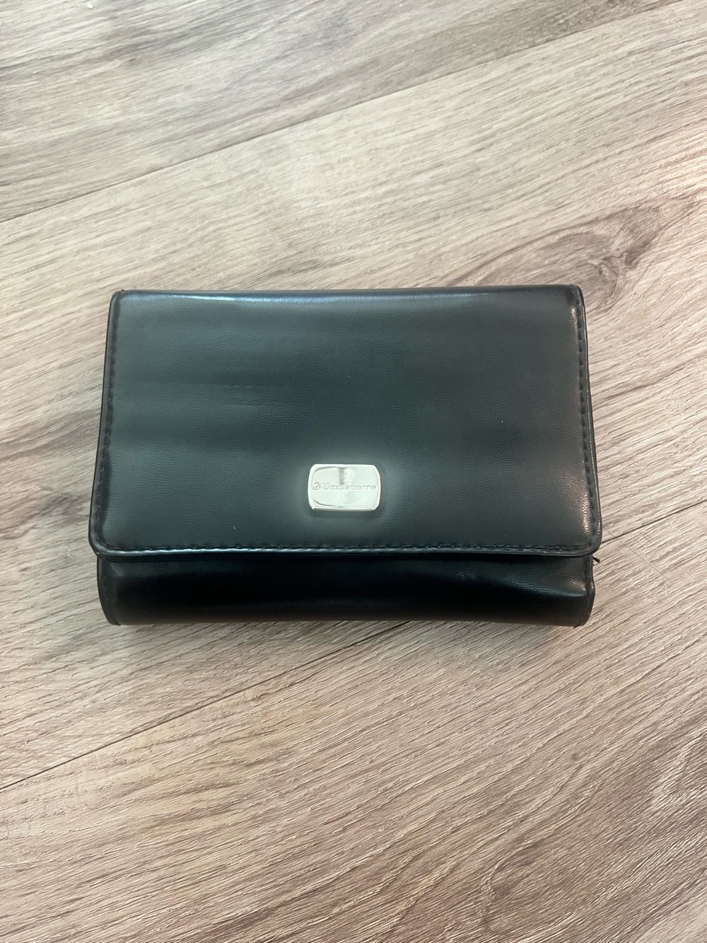 Liz Claiborne Black Leather Trifold Wallet with Silver Accent